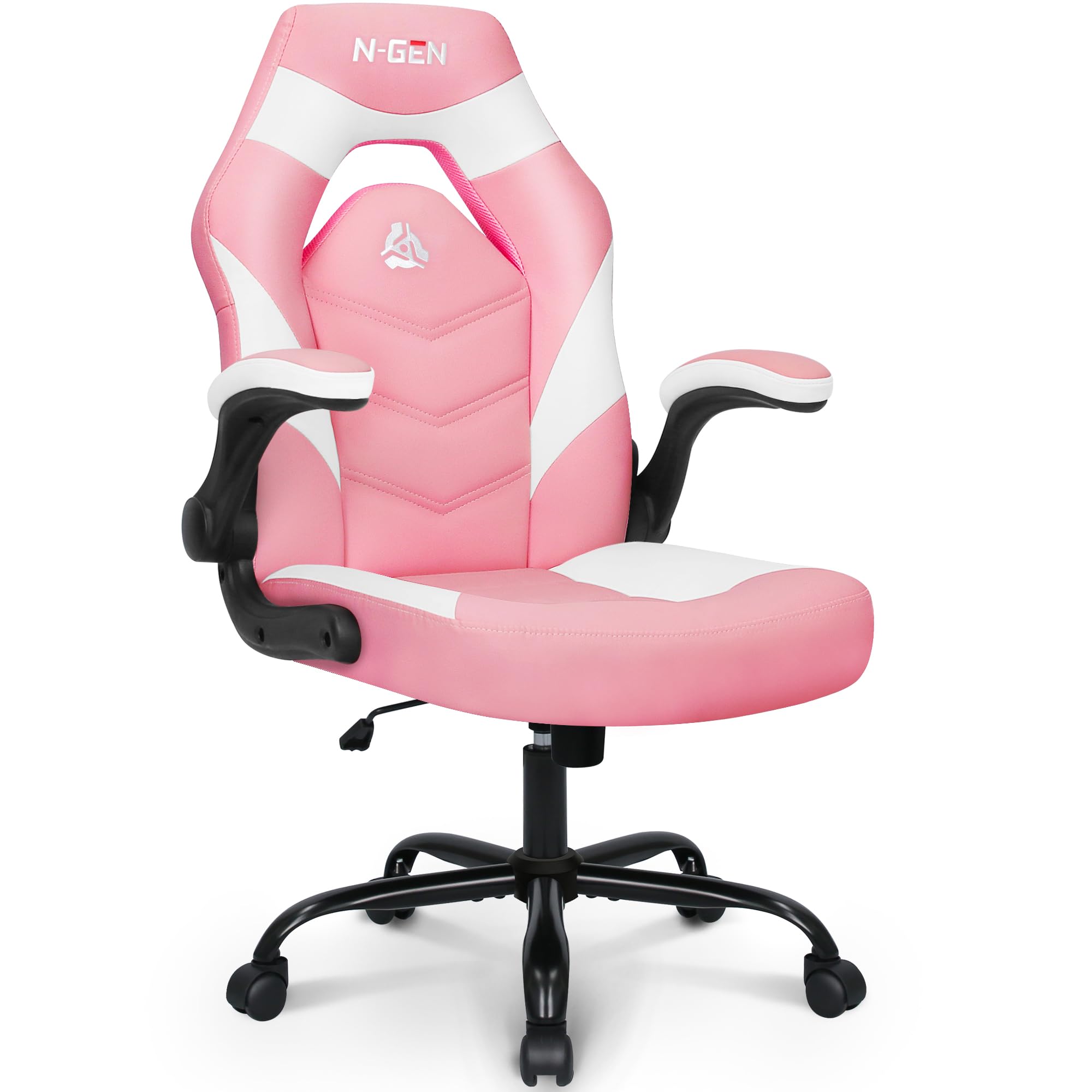 NEO CHAIR N-GEN Video Gaming Computer Ergonomic Office Desk with Lumbar Support Flip Up Arms Adjustable Height Swivel PU Leather Executive with Wheels for Adults Women Men (Pink)