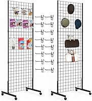EasternTree 2-Pack 2x5ft Black Gridwall Panels Stand with T-Base Wheels & 16 Hooks - Portable Craft Show Retail Display Rack