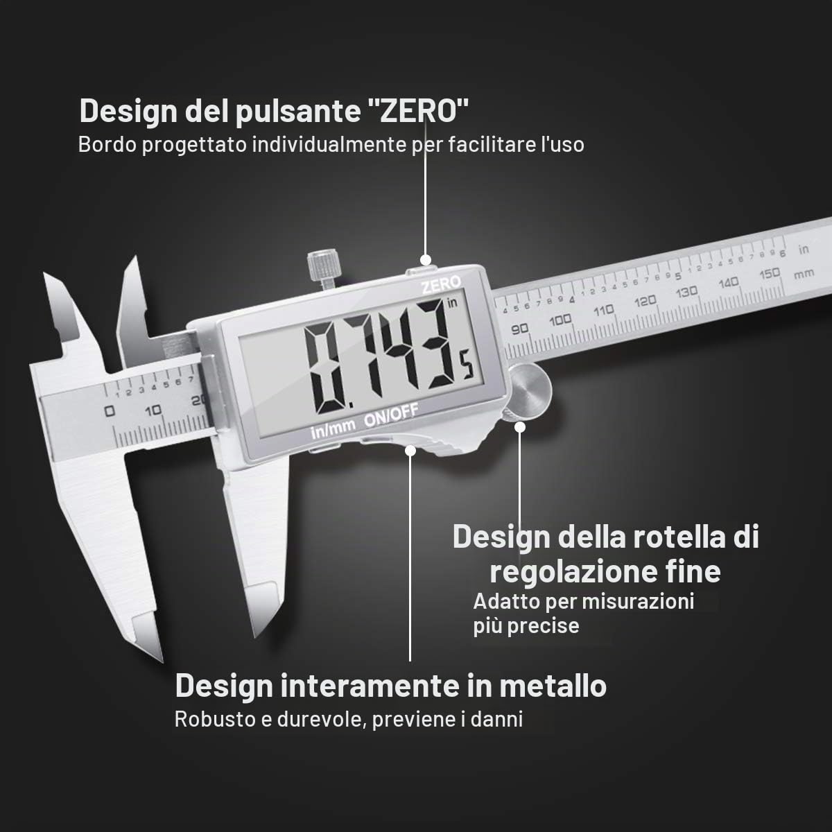 Preciva Calibro Digitale 150 mm 6 Pollice Elettronico Acciaio Inossidabile Resistente Agli Schizzi LCD Schermo Grande