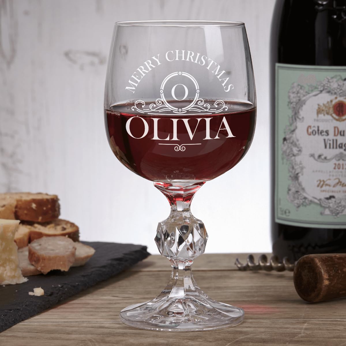 BGExpress Personalized Wine Glass with Ornate Initial Merry Christmas 190ml Claudia Crystalite Design - Gifts for Christmas
