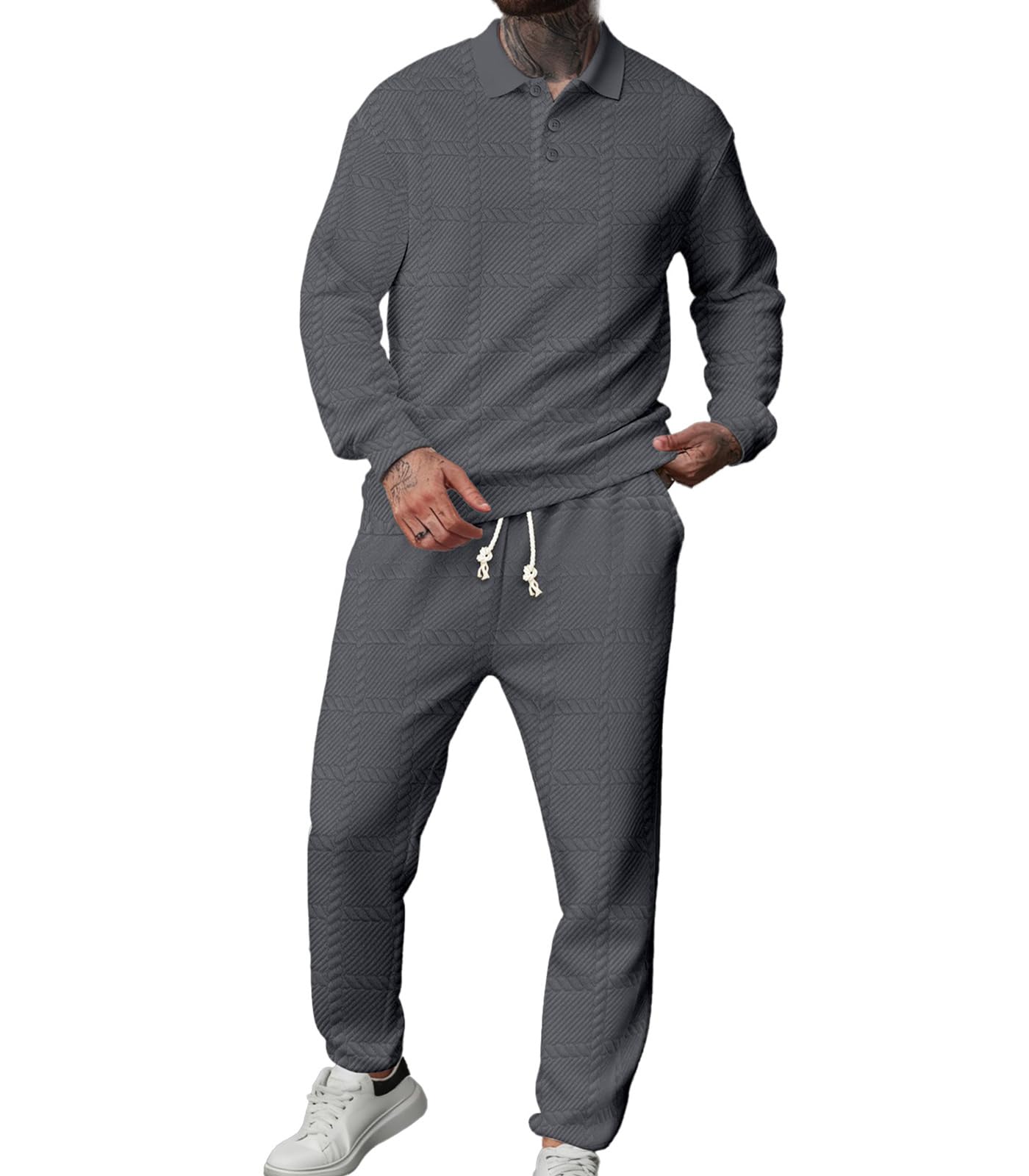 DEEX M Grey Men's Tracksuits 2 Piece Set Casual Sweatsuit Button Down Long Sleeve Running Jogging Suit Set Plaid Jacquard Outfits