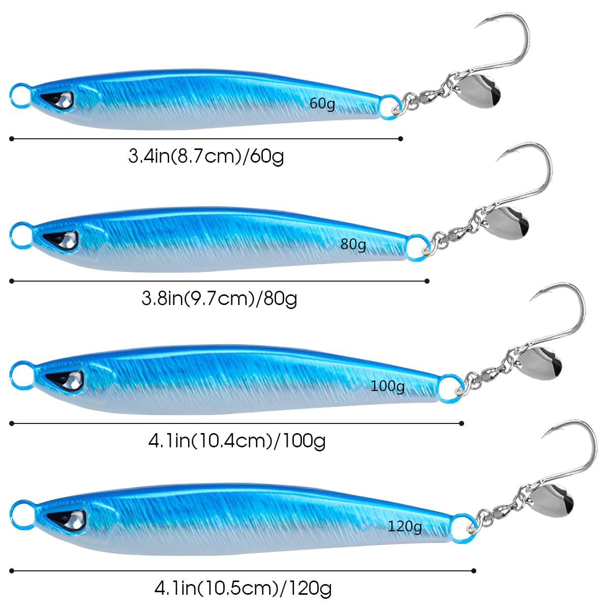 Leurres de Pêche en Haute Mer Coulants, WASAGA 4 Pièces 60g/80g/100g/120g Appât de Poisson de Fileur de Mer en Métal Dur de Sardine pour Le Mérou de Saumon de Thon Porgy Noir et Le leurre de Jigging
