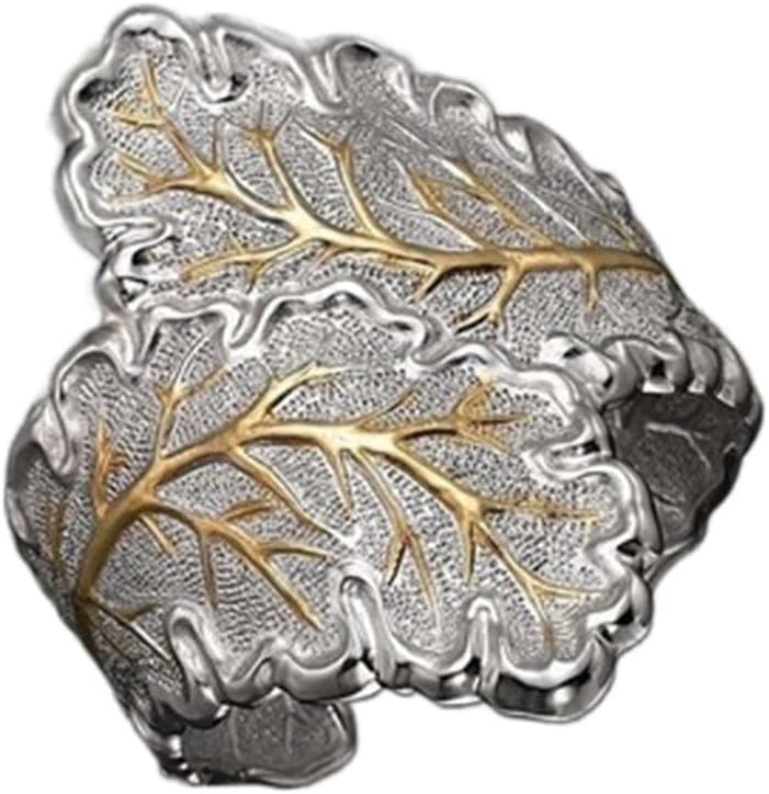 Retro Two-Color Leaf Grain Vine Leaf Flower Wedding Anniversary Statement Band Ring Court-Style Eternity Ring for Women(10