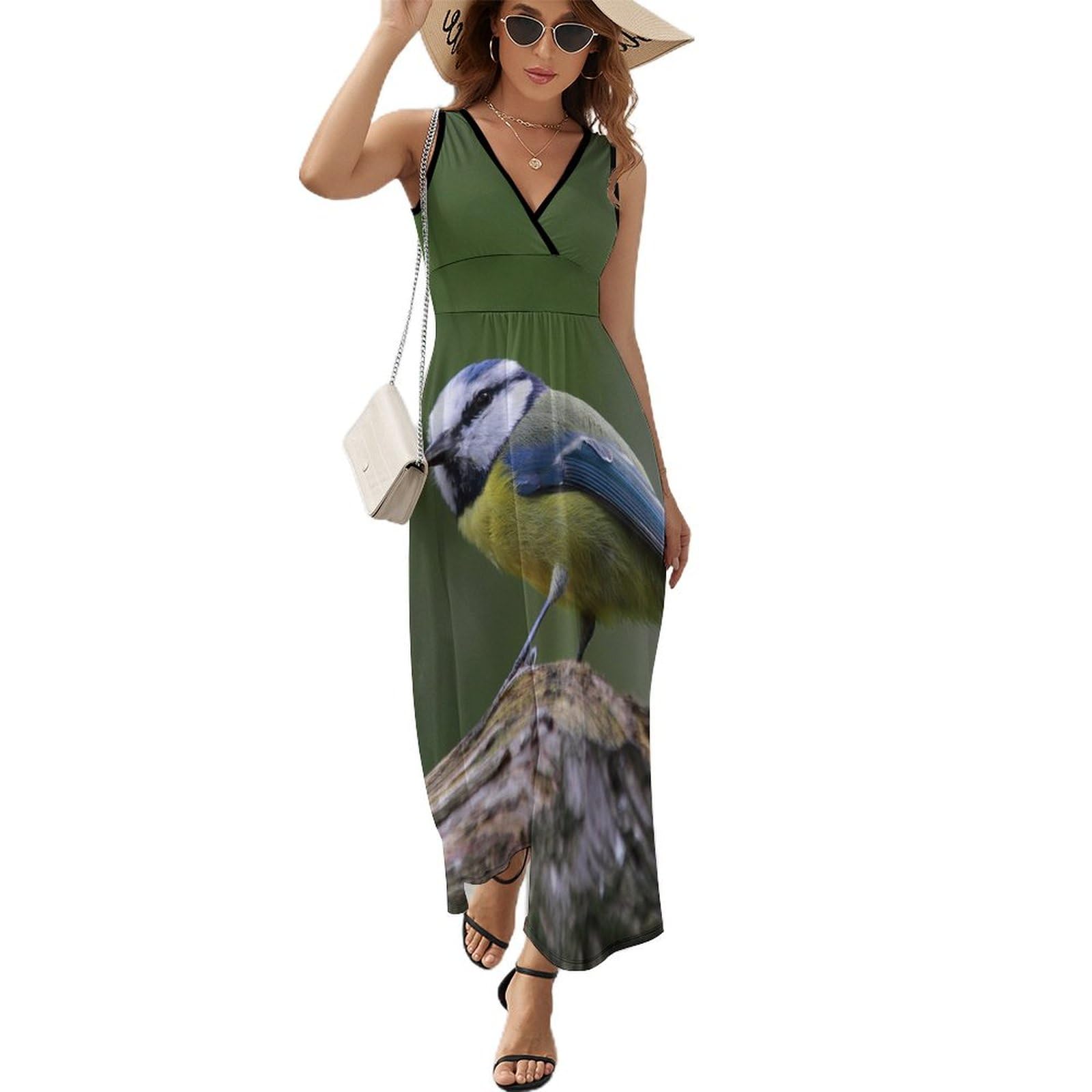 Robe Longue d'Été Fluide avec Imprimé Plume Unique et Col V - 8