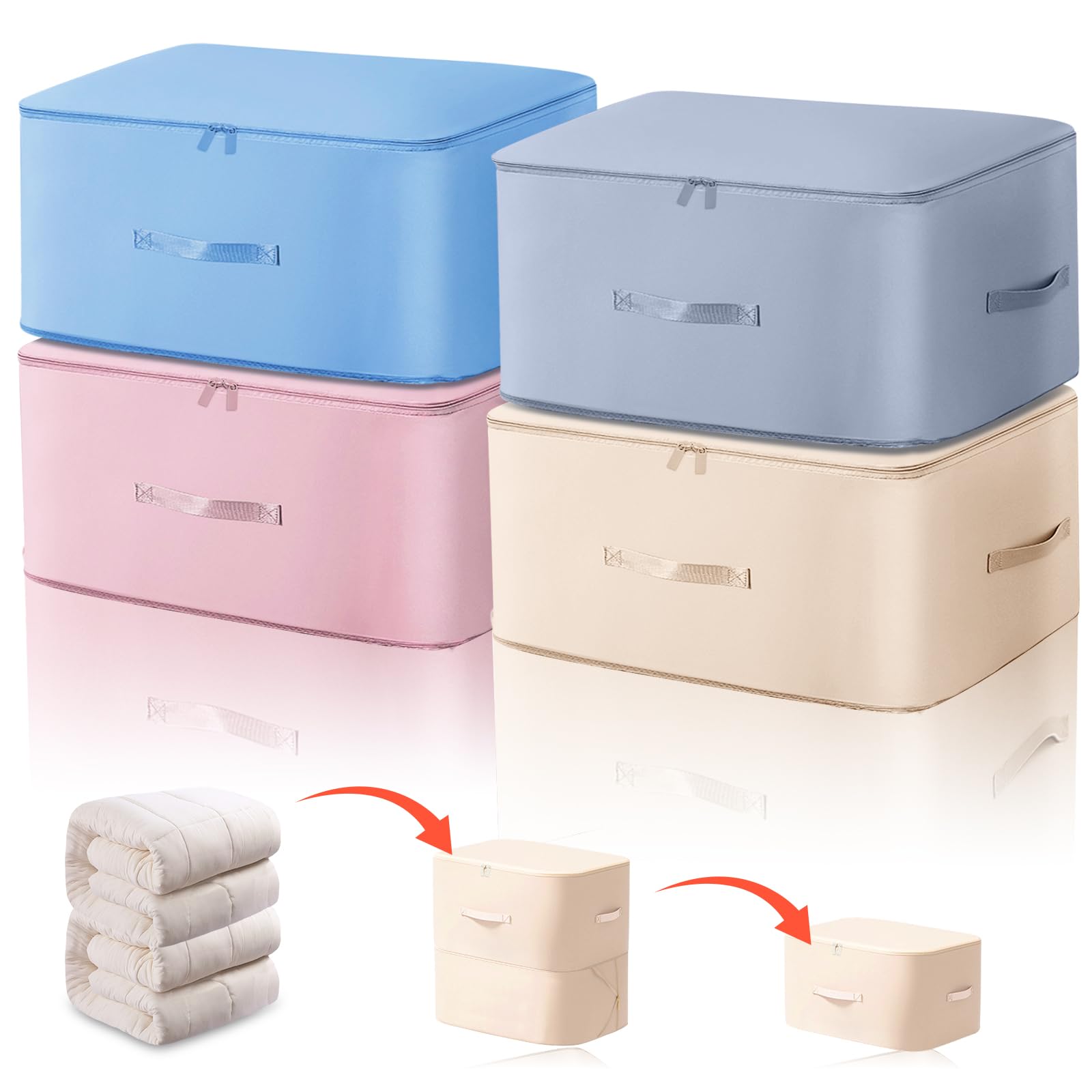 4 Packs Large Space Saving Self Compression Storage Bags for Clothes, Duvets, Bedding, Blankets & Pillows – Foldable Underbed Organiser with Reinforced Handles & 3-Layer Zipper, 52x42x30cm
