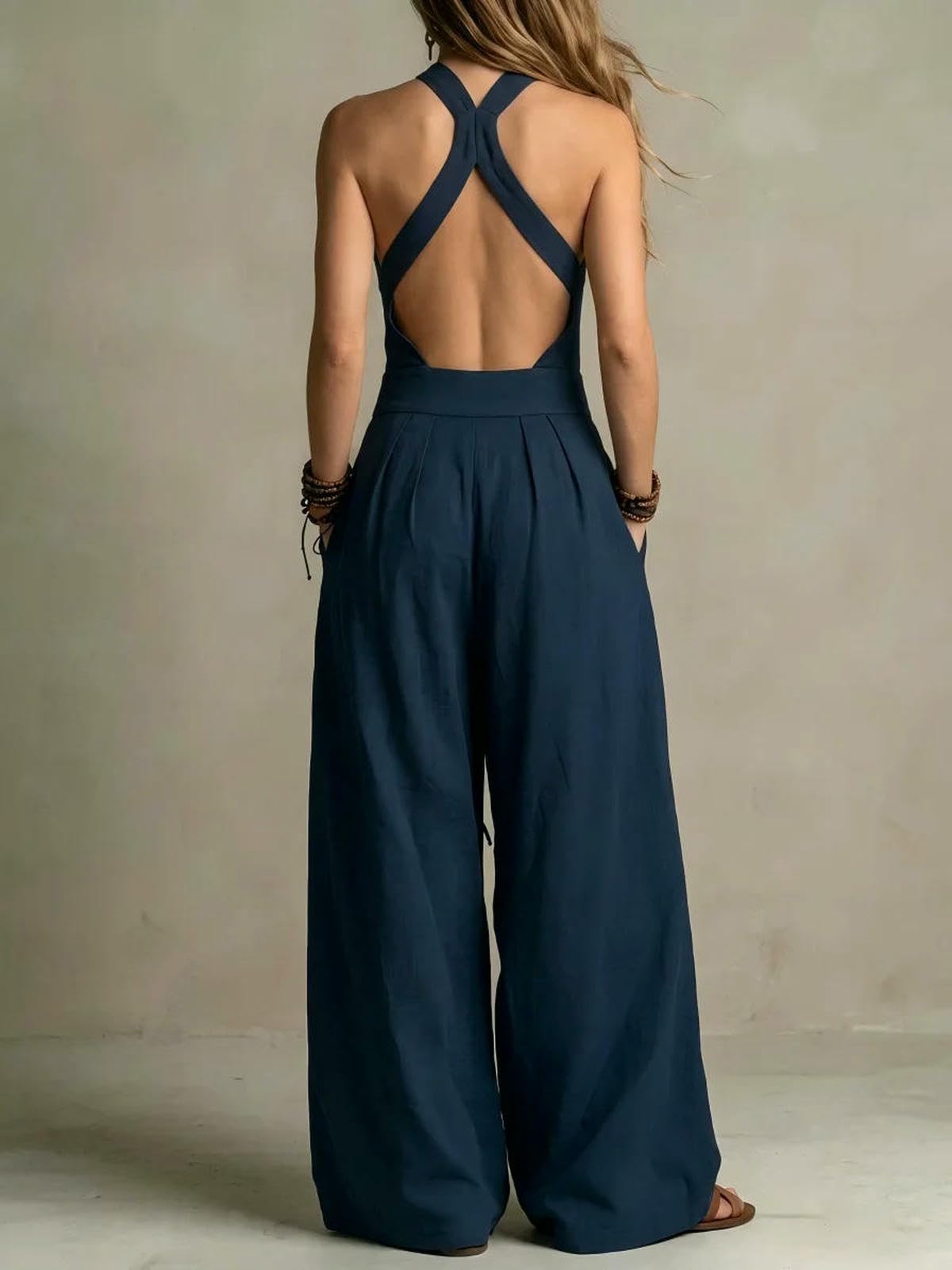 Mono De Verano Mono Casual De Verano con Cuello Cruzado, Cintura Ajustada Y Espalda Descubierta, Perneras Anchas.