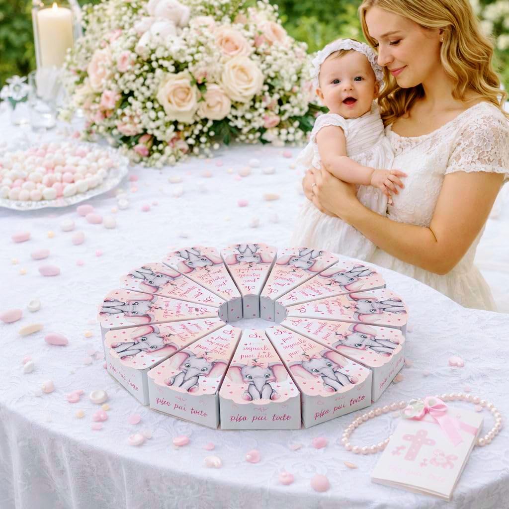 Regalami 25 Scatoline Portaconfetti a Forma di Torta per Battesimo, Comunione o Laurea, Complete di Bigliettino a Tema, Segnaposto e portaconfetti (Battesimo Bimba)