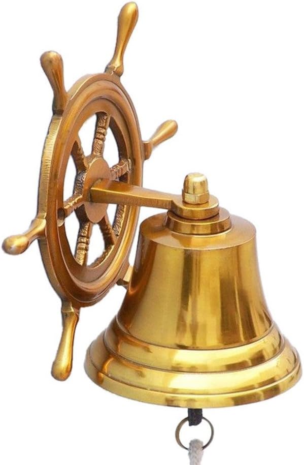 Hampton Nautical BL-2026-1-BR Brass Plated Hanging Ship Wheel Bell, 7"