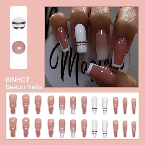 Miniatura 7 de SINHOT Uñas postizas cuadradas largas a presión, uñas postizas de punta francesa, uñas acrílicas cuadradas con pegamento brillante, diseño de líneas