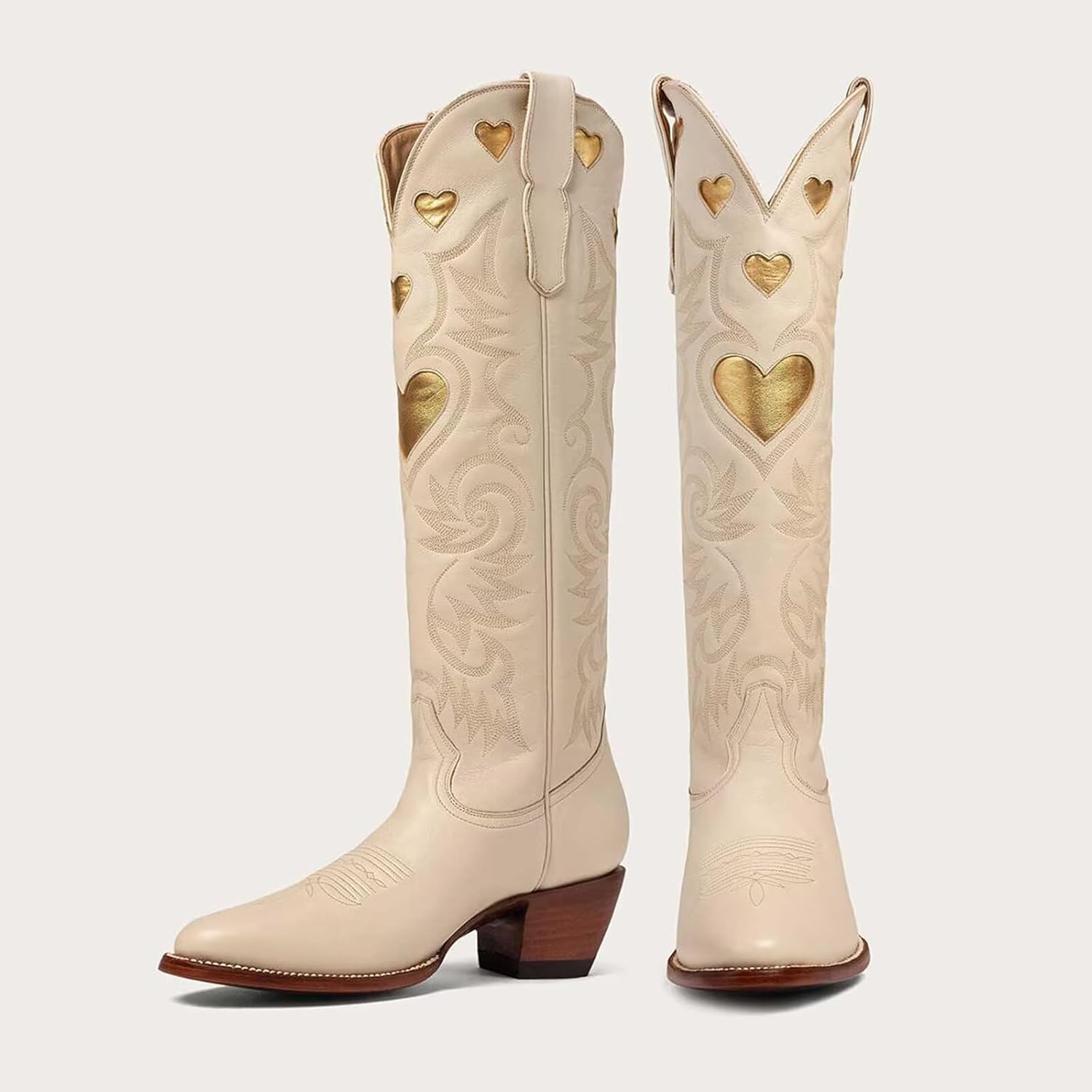Alsoloveu Embroidered Cowboy Boots Women Heart pattern Knee High Cowgirl Boot Chunky Heel Pull On Western Booties - Image 6