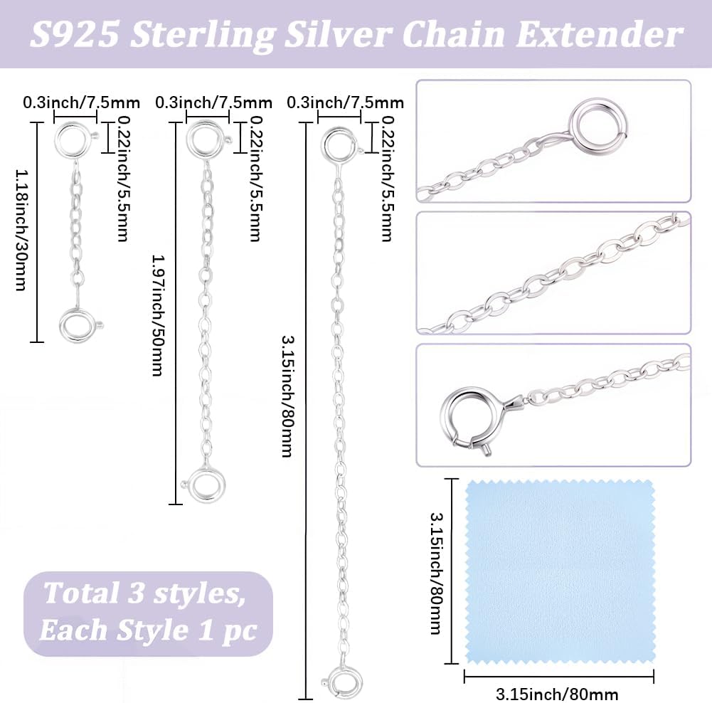 Beebeecraft 1 Box 3Pcs 925 Sterling Silver Necklace Extender 3 Sizes Necklace Bracelet Anklet Jewelry Extension for Women Jewelry Making