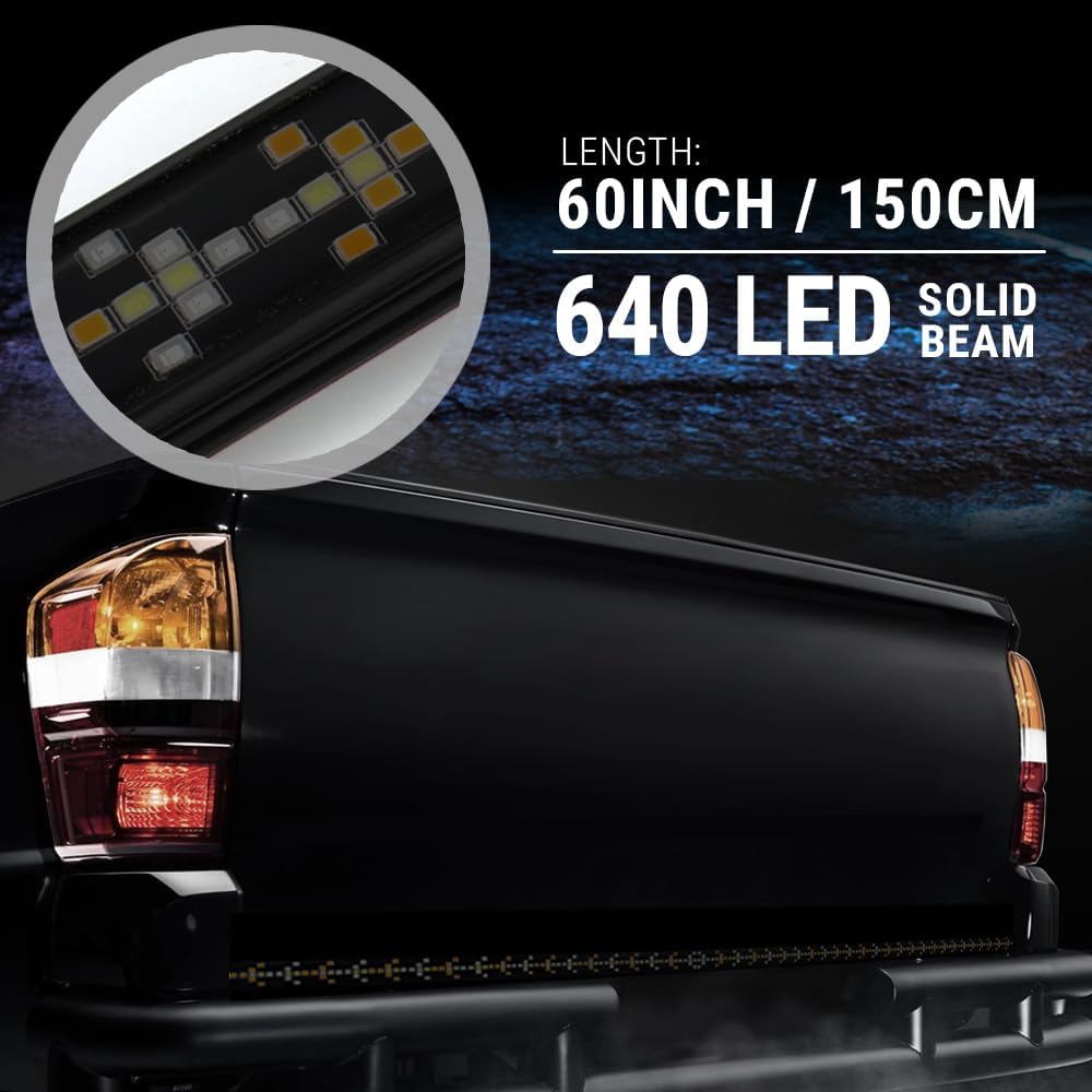 Syneticusa 60" Arrow LED Tailgate Light Bar Sequential Amber Turn Signal - Solid Beam - Weatherproof No Drill Install - Full Function Reverse Brake Running