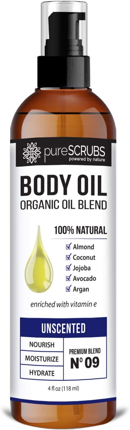 Ultra Moisturizing Unscented Body Oil Spray for Dry Skin, Massage, Stretch Marks, Organic Super Blend of Jojoba, Argan, Coconut, Sweet Almond & Avocado Oils Enriched with Vitamin E, Lg 4oz