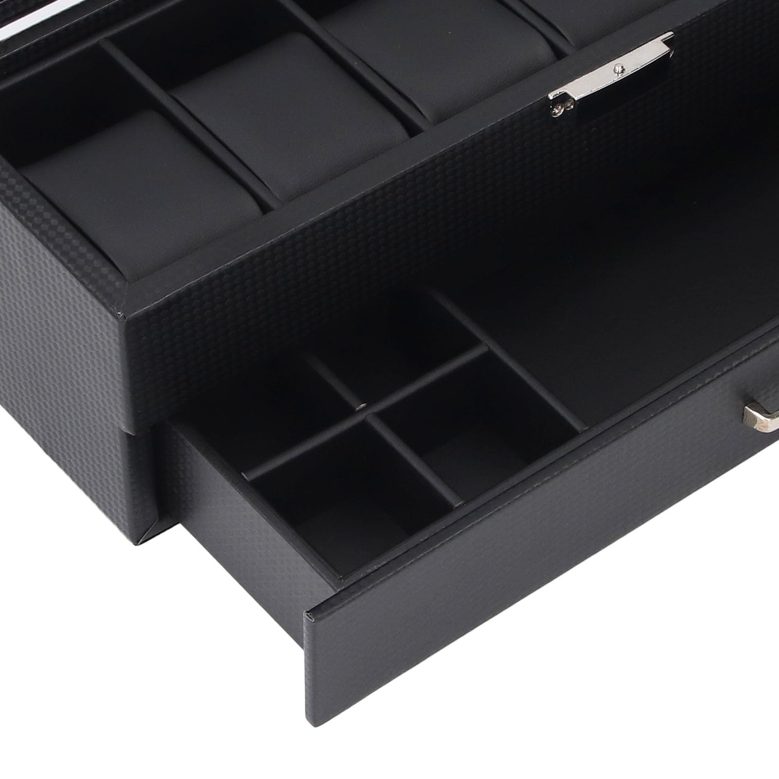 Vitrina de Reloj de 6 Ranuras con Cajón y Tapa de Vidrio Templado para Almacenamiento Organizado de Accesorios, Elegante Acabado de Cuero PU, Perfecto para el Hogar o Regalo