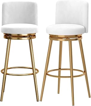 Swivel Barstools Set of 2 Modern Velvet Upholstery Bar Chairs Island Stools Metal Footrest for Kitchen CounterWhite,65cm25.6in