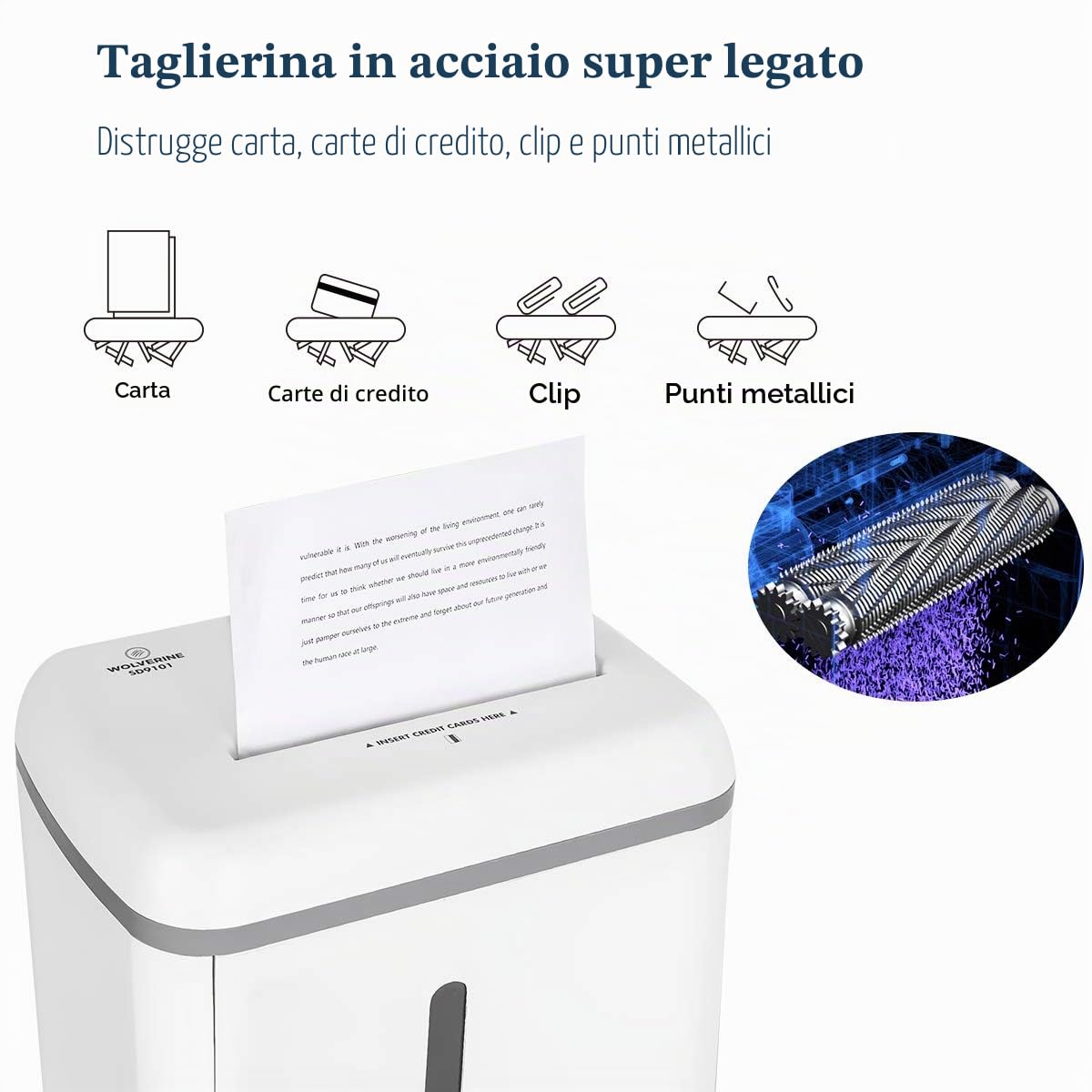 WOLVERINE SD9101 Distruggidocumenti 8 fogli P5 microtaglio alta sicurezza per carta e carte, ultrasilenzioso, contenitore estraibile 17 L (bianco)