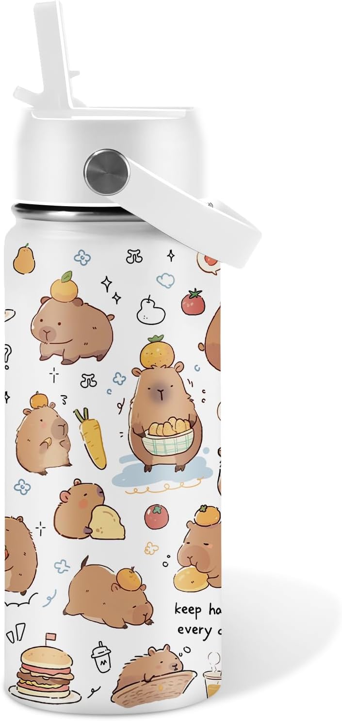 Capybara Gifts for Kids - 16oz Capybara Water Bottle with Straw Lid, Stainless Steel Insulated Bottle, Leak Proof, BPA-Free, Capybaras Cup for School, Travel, Kawaii Gift Cup Children Birthday(1pc)
