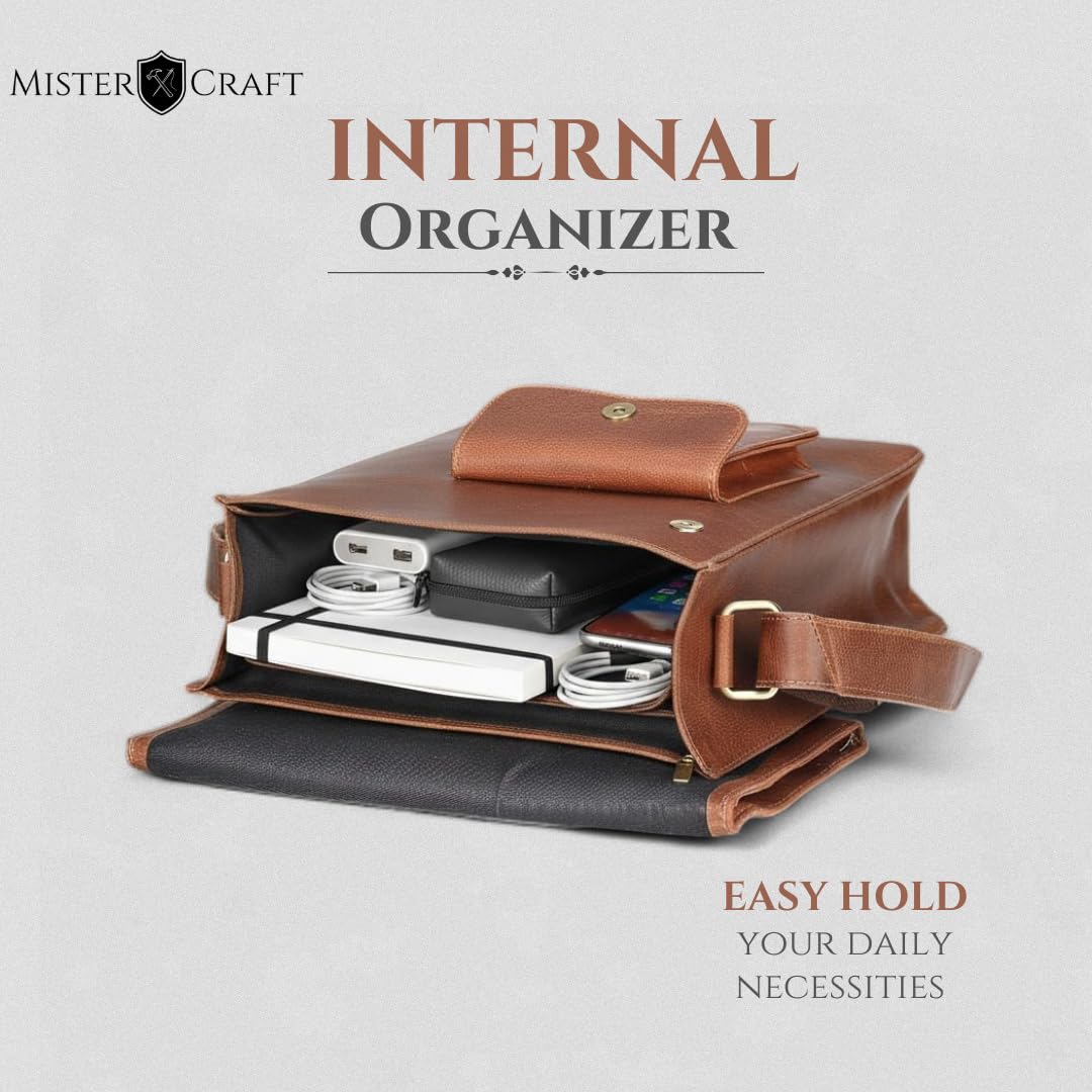 MISTERCRAFT Men’s Genuine Leather Side Sling Bag | Tan Textured Waterproof Crossbody with Padded iPad Sleeve, Multiple Compartments & Magnetic Flap Closure 4