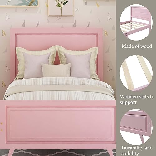 Miniatura 5 de DUNTRKDU Base de cama individual de madera con cabecero y estribo, moderna plataforma de madera con soportes de listones de madera para niños,