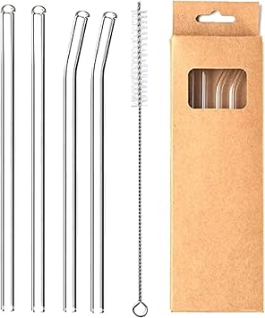 Reusable Glass Straws - 8mm Straight & Bent, 4 Pcs with Cleaning Brush, BPA Free Eco Friendly for Beverages, Shakes, Milk Tea, Juices, Cocktail Transparent