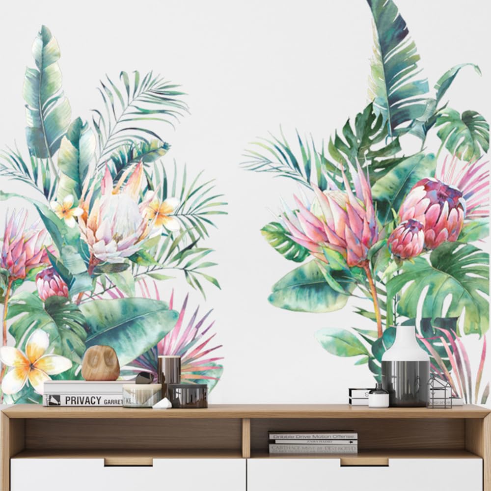 Cachpib 2 Pieces Wall Stickers Self-Adhesive Tropical Leaves Flowers Bedroom Living Room Decoration Wall Paper 30 x 90 cm