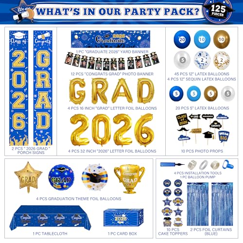 Image of 125 PCS Blue and Gold Graduation Party Decorations, 2026 Graduation Decorations, Class of 2026 Full Decor Set, Comgrats Grad Photo Banners, Tablecloth, Balloons, Cake Toppers