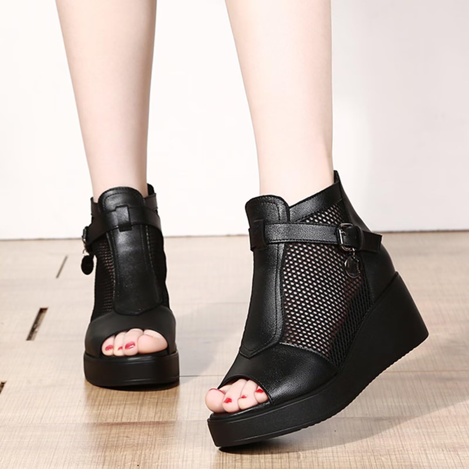 HNVAVQ Sandali con zeppa da donna, stivaletti alla caviglia con plateau e punta aperta, tacco medio da 6 cm,Sandali estive traspiranti con zip, scarpe casual e comode per camminare