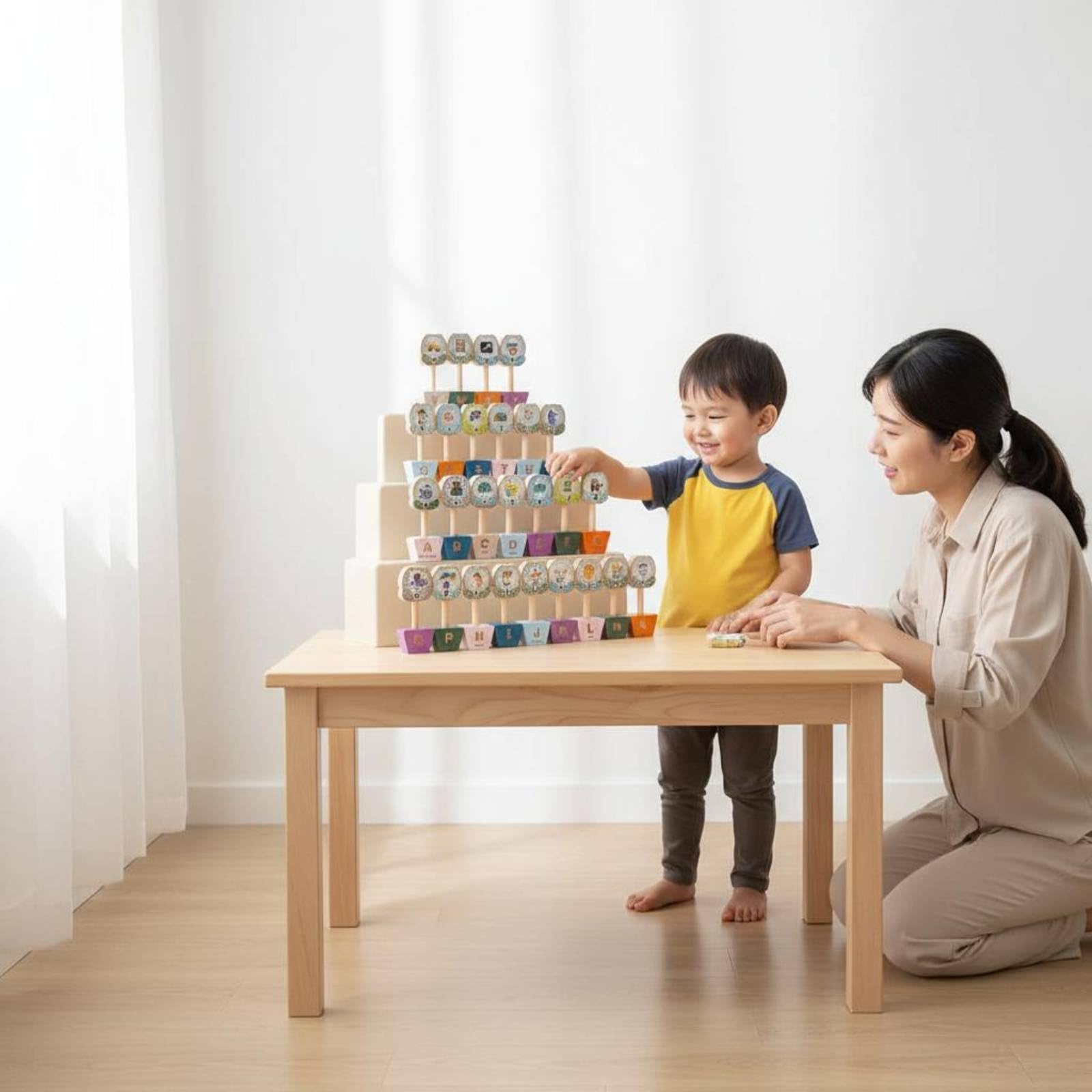 Jouet Éducatif Alphabet Enfant Lettres Majuscules Minuscules Jeu Reconnaissance Mots Images Bloc Tri Fleurs Pot Bois Activité Sensorielle Motricité