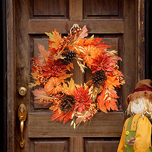 Rocinha Fall Wreaths For Front Door Outside, 20 Inch Autumn Wreath With Pumpkins Pinecone Flowers Maple Leaf, Fall Outdoor Wreath For Harvest Thanksgiving Halloween Decorations Home Decor #TOP5
