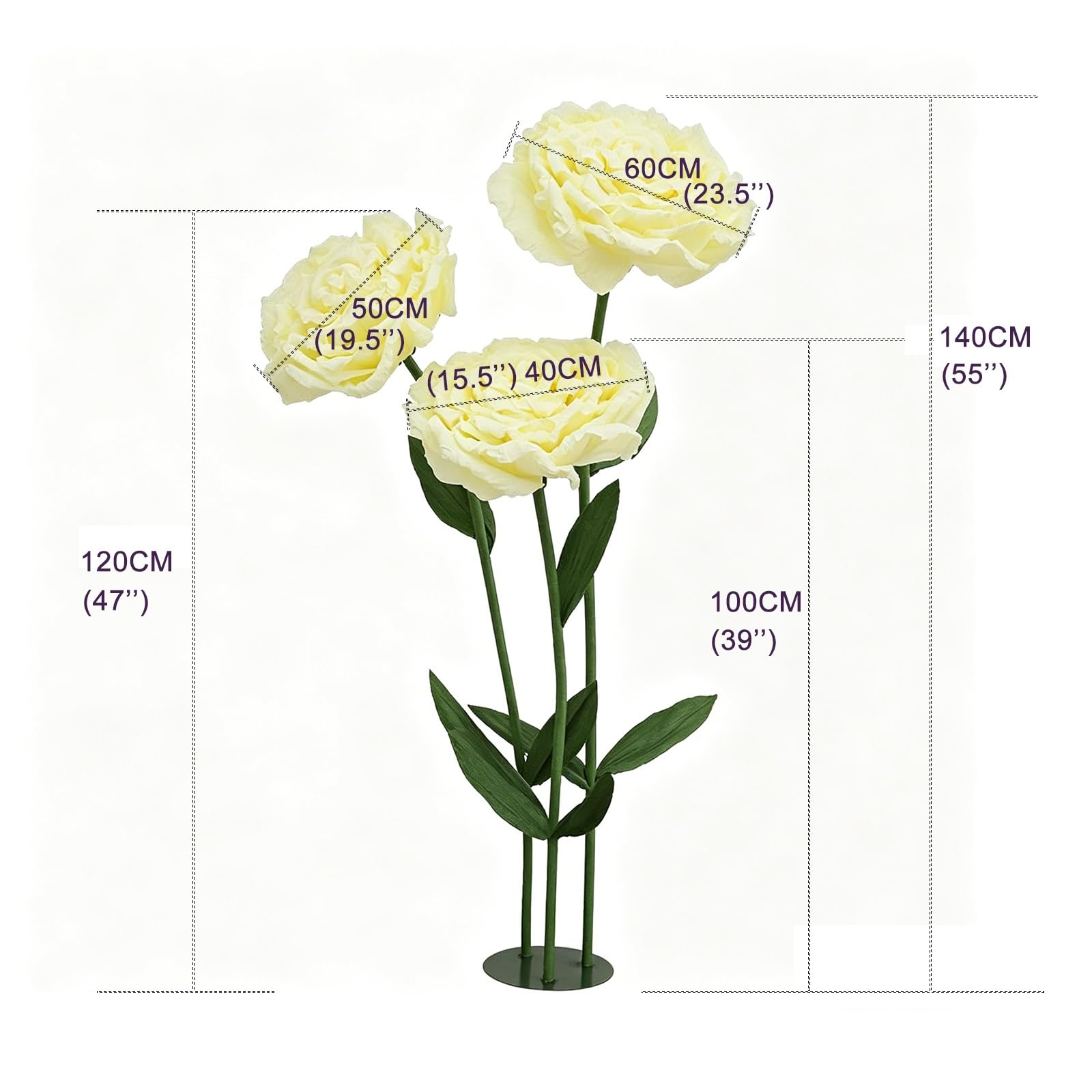 Große Künstliche Blumen mit Standfuß, 3er Set Papierblumen Groß Stehend mit Verstellbaren Stielen & Stabiler Metallbasis für Garten, Hochzeiten, Events & Schaufenster(Light Pink)
