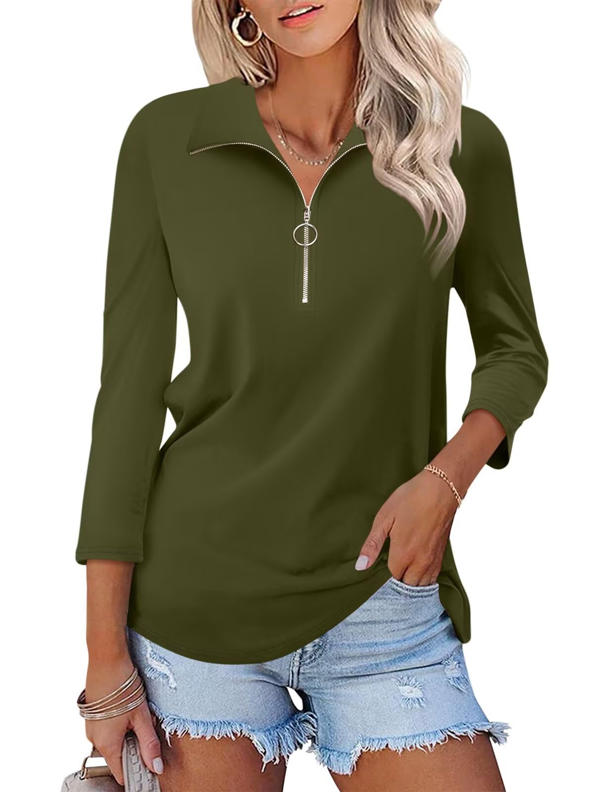 TICTICMISS Women's 3/4 Length Sleeve Tops Collared V Neck T Shirts Polo Zipper Summer Shirts