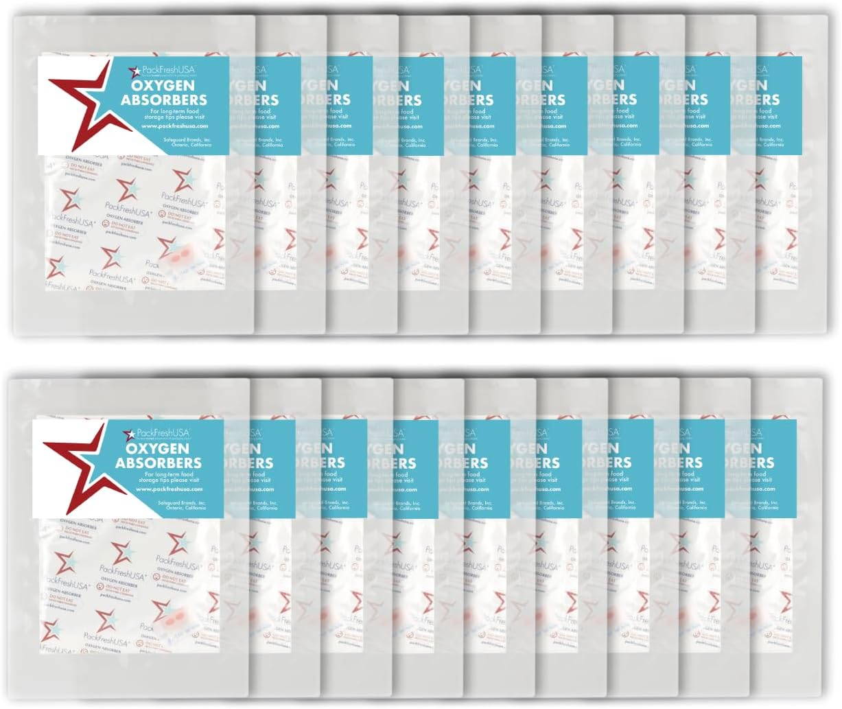 PackFreshUSA: 10 Pack - 2000cc Oxygen Absorber Packs - Individually Sealed - Food Preservation - Long-Term Food Storage Guide Included