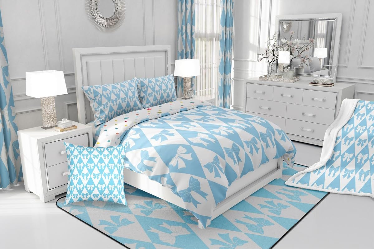 Manfei Blue Bow Comforter Set Toddler Size 2 Pcs,Princess Style Bowknot Cartoon Girly Bedding Set,Geometric Blue White Diamond Plaids Patchwork Quilt Set for Child Bedroom,1 Pillowcase