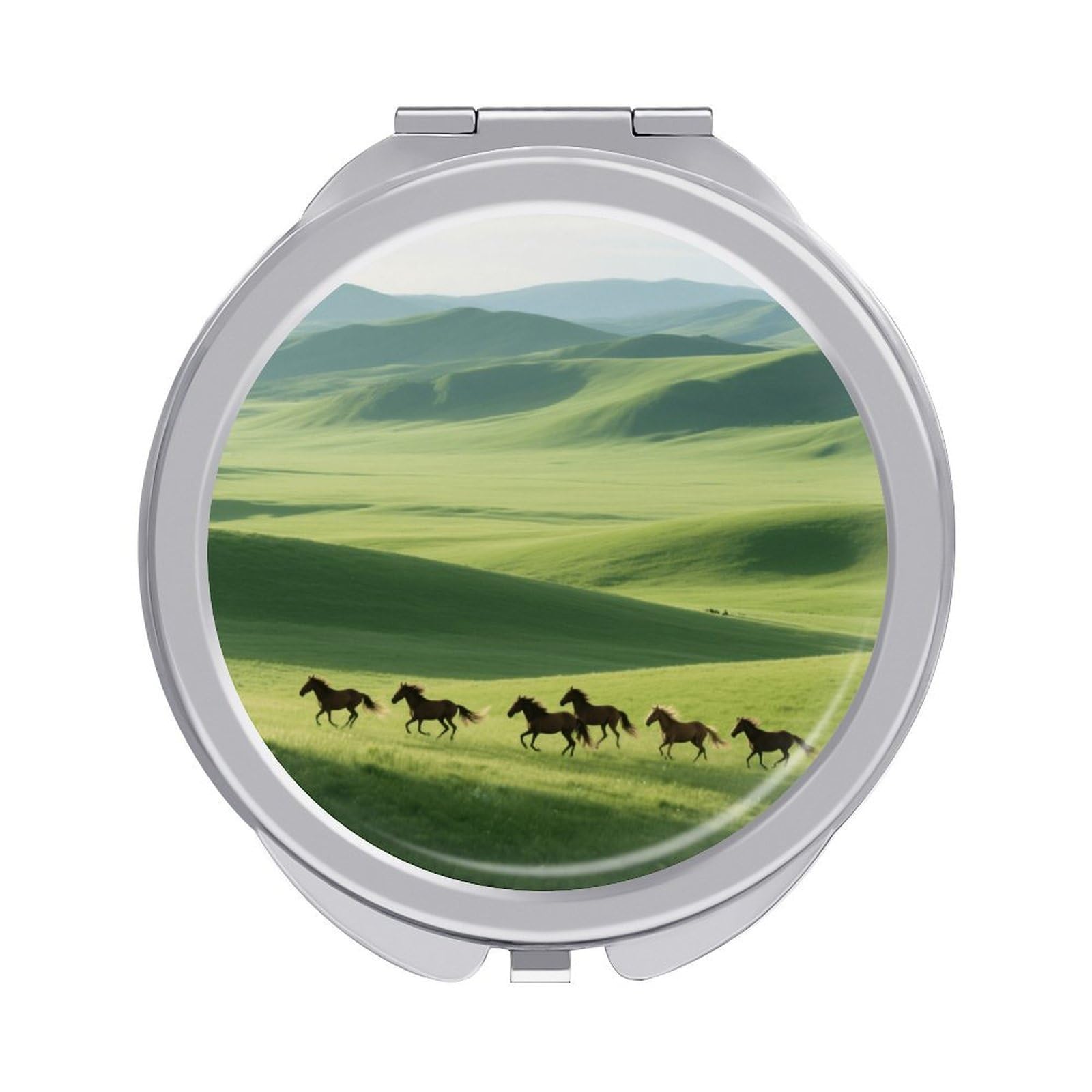 Fekiloot Style Grassland Horses Travel Makeup Mirror Handheld Compact Mirror Portable Pocket Mirror Double-Sided 1X/2X Magnifying For Handbag And Purses