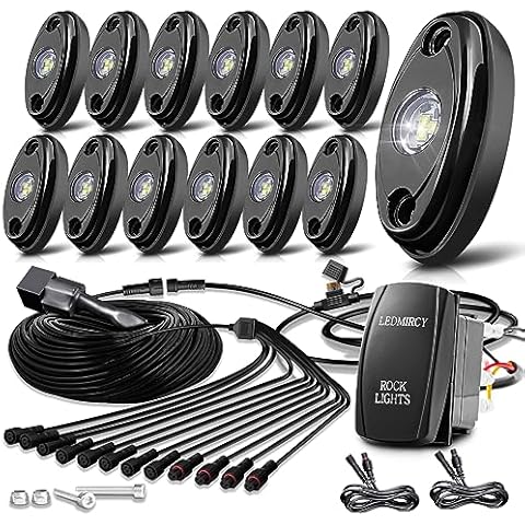 LEDMIRCY R1 Pure White LED Rock Lights Kit with Roker Switch Wire Harness 12PCS High Power Rock Lights White for Trucks Off Road ATV UTV SUV Underglow Trail Rig Lights Under Body Waterproof Light Cover