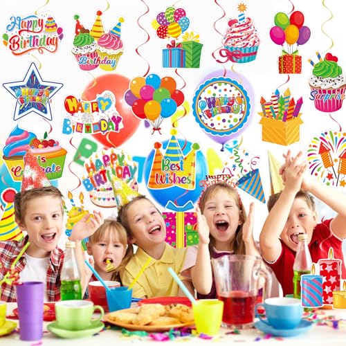 Image of 40Pcs Birthday Hanging Swirl Decorations, Colorful Cupcake Balloons Hat Sign Swirl Decor Happy Birthday Hanging Ornaments for Boy Girl Kid Party Supplies