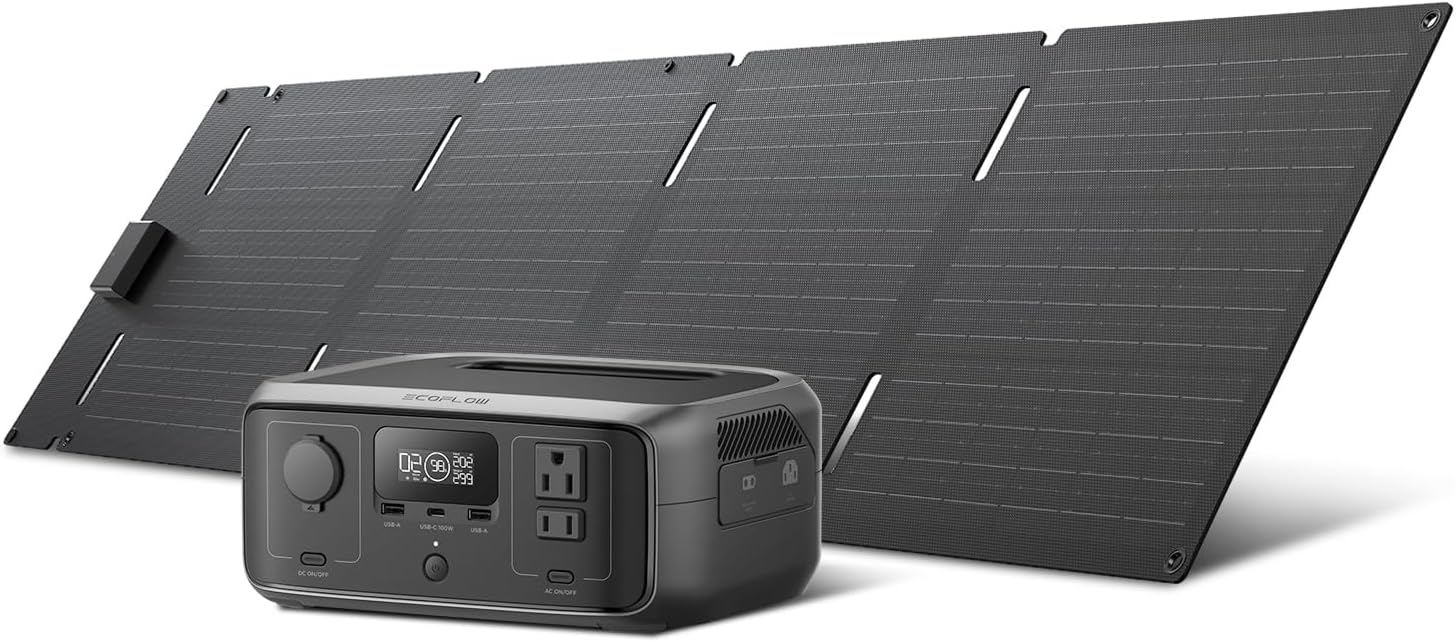 Solar Generator RIVER 3 with 60W Solar Panel, 245Wh Portable Power Station LFP Battery, 300W Up to 600W AC Output, <20 MS UPS, 1Hr Fast Charging Power Station for Outdoor/RVs