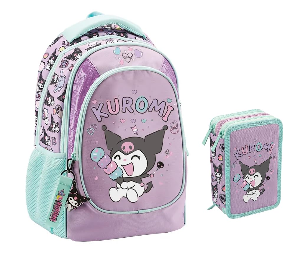 PRESTIGE & DELUXE Zaino Tondo 3 scomparti Kuromi per la scuola primari Bambine + Astuccio 3 piani completo di cancelleria + Kit penne e portachiave paillettes