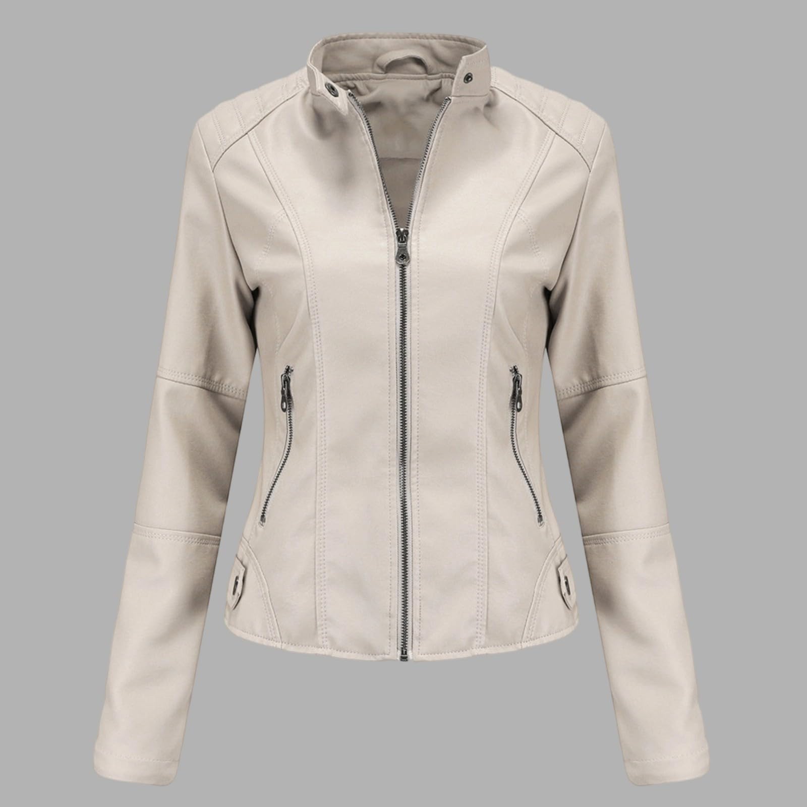 Veste courte en cuir pour femme - Col montant - Veste en cuir synthétique - Fermeture éclair - Grande taille - Veste en cuir pour femme - Automne et hiver - Veste demi-saison en cuir synthétique