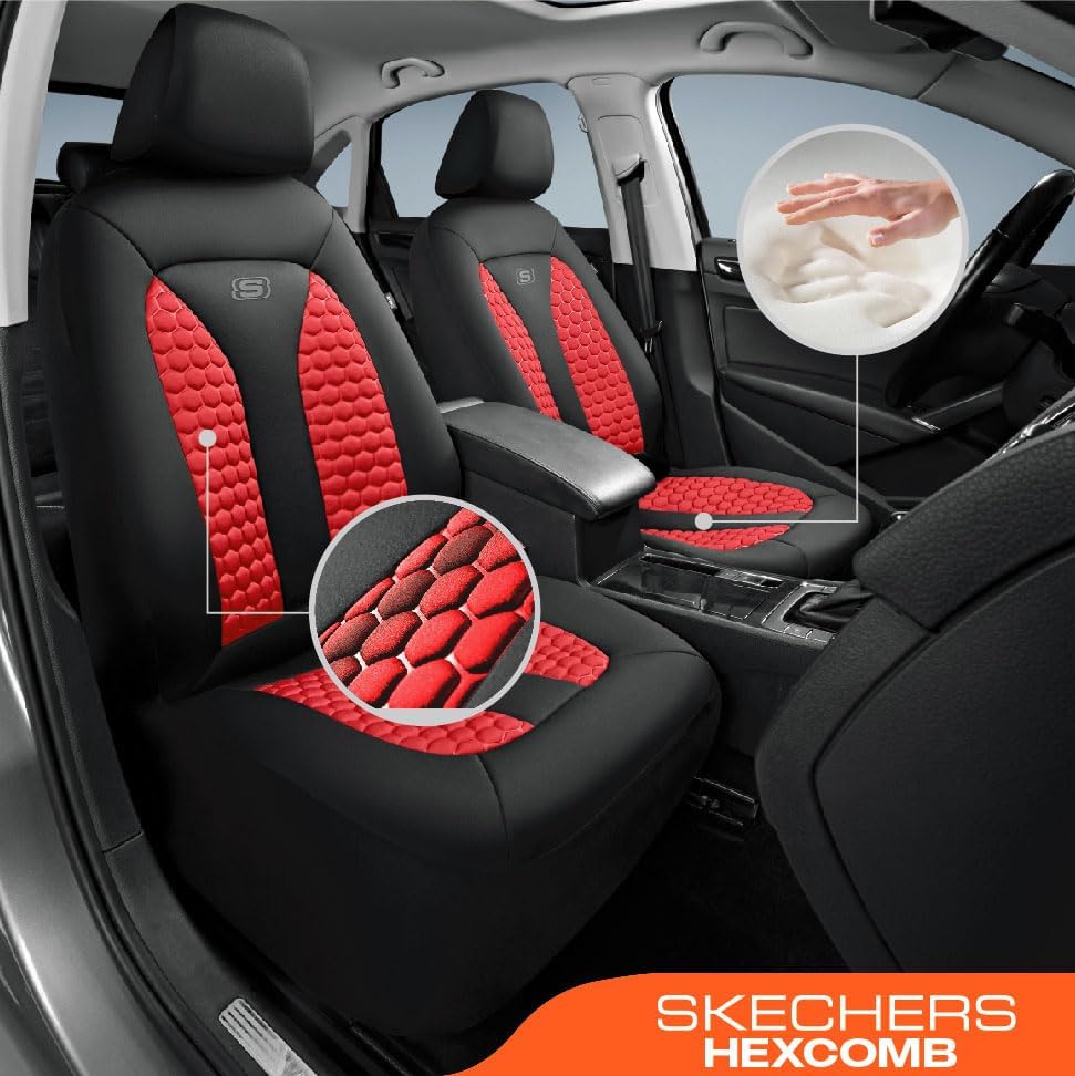 Skechers Memory Foam™ Car Seat Cover Full Sets, Hexcomb Breathable Thick Seat Covers, Airbag Compatible, Automotive Comfort & Protection for Most Cars,Van,Trucks, SUVs (Red,Full Set) Full Set Seat Covers Black and Red