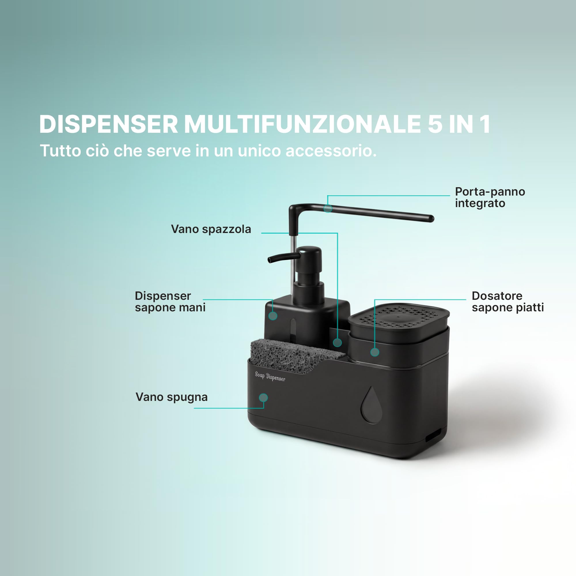 Dispenser Sapone Cucina, Dispenser Sapone Piatti 5 In 1 Con Click Con Porta Spugna, Porta Panno, Porta Spazzola E Dispenser Sapone Mani | Set Lavello