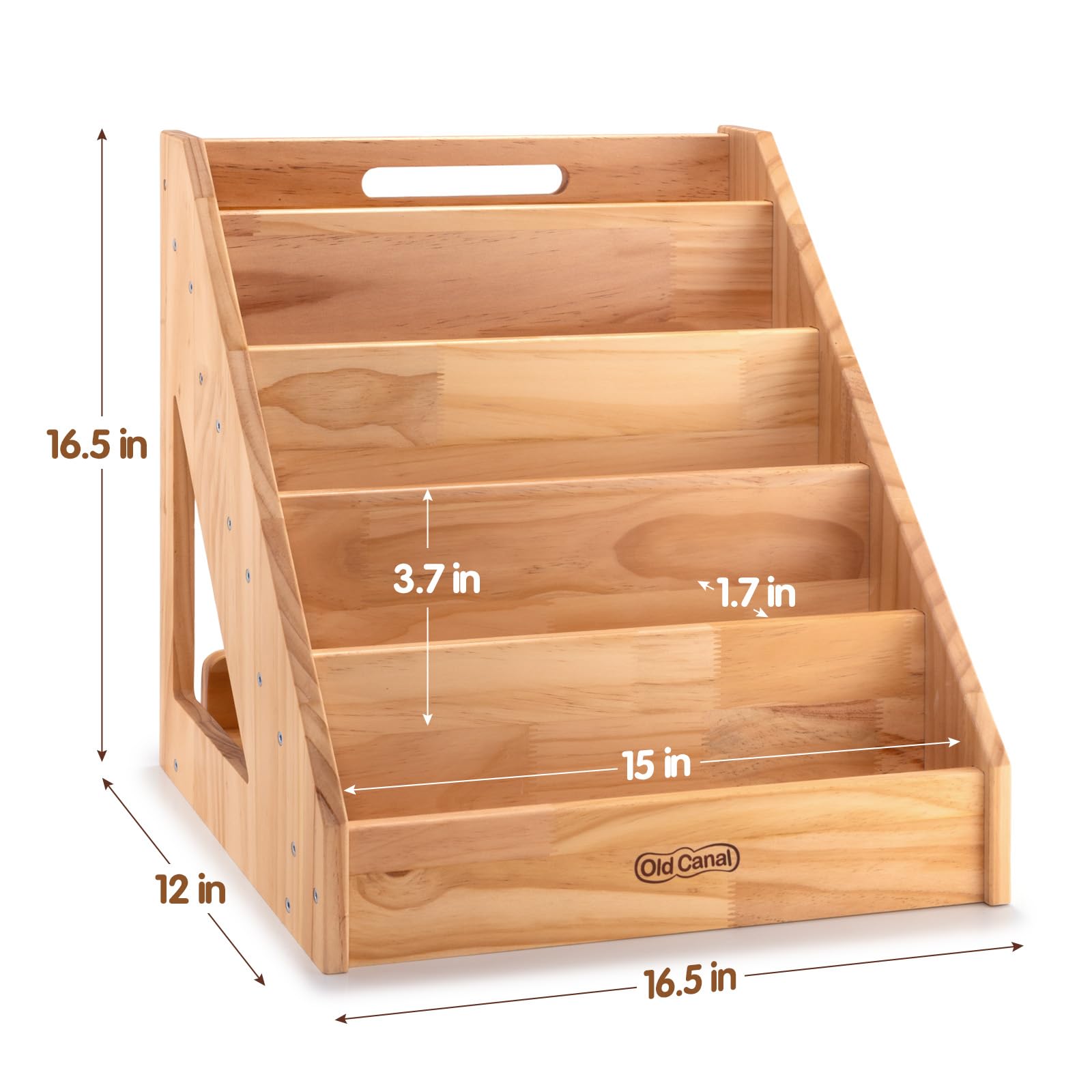 Old Canal Montessori Bookshelf, Kids Bookshelf and Toy Storage Organizer with Deep Sleeves, Toddler Book Shelves with Handle & Anti-Tilting Design, 5-Tier Pine Book Shelf for Kids Rooms, Nursery