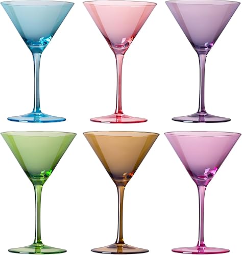 Physkoa Juego de 6 vasos de Martini de colores, vasos de cóctel de 7 onzas, vidrio de cóctel soplado a mano para bar, fiesta de cóctel de Navidad