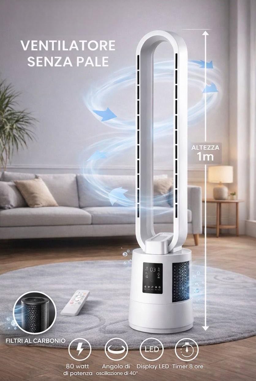 Ventilatore Senza Pale a Torre 1m Ventilatore Silenzioso con Filtro al Carbonio, Potenza 80W, Telecomando Incluso Display LED, Timer 8 Ore, Oscillazione 40° e Modalità Notte