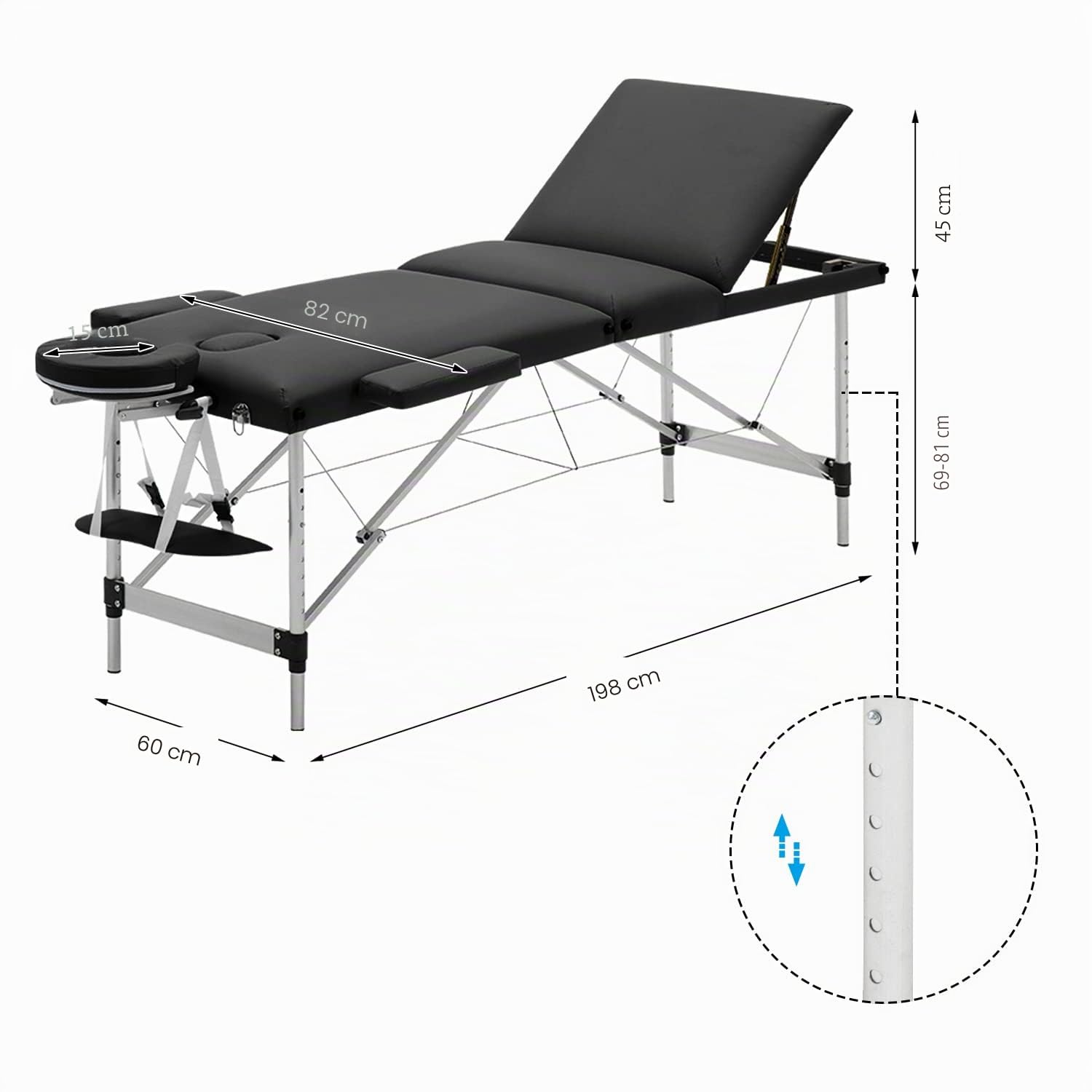 Mondeer Table de Massage Pliante, Lit Cosmétique Pliante Aluminium Professionnel, Lit de Massage Portable, avec Housse de Transport,3 Zone, Noir