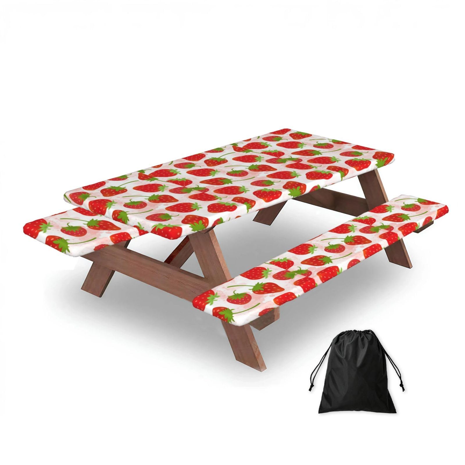 Dopklna As Picture Strawberry, Picnic Table Cover With Bench Covers -Waterproof Elastic Fitted Tablecloth For Garden Camping Patio 76X152cm