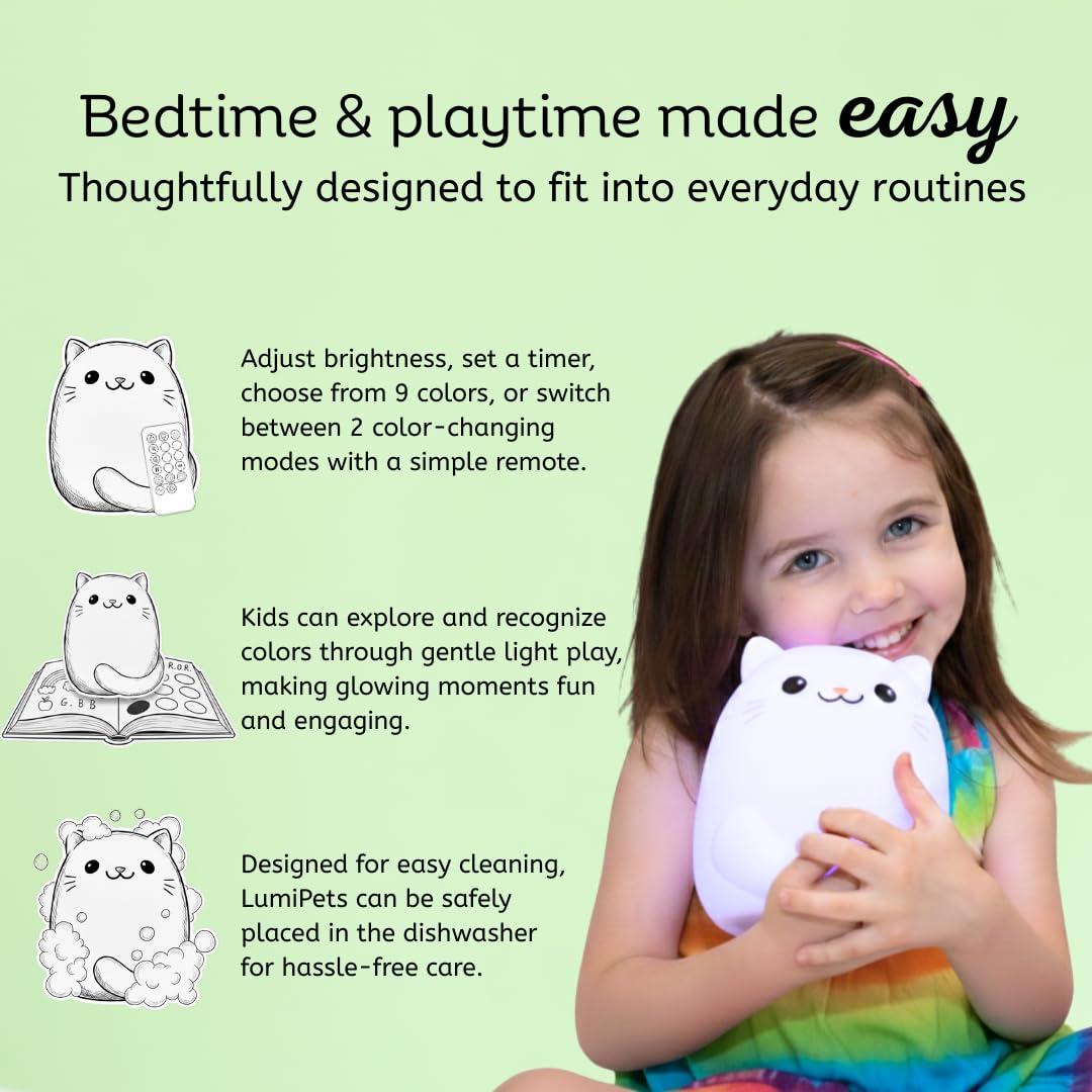 Lumipets Clive the Cat Squishy - Luz nocturna de silicona para niños, bonita luz nocturna con control remoto y táctil para dormitorios de bebés y niños pequeños, luz nocturna portátil que cambia de