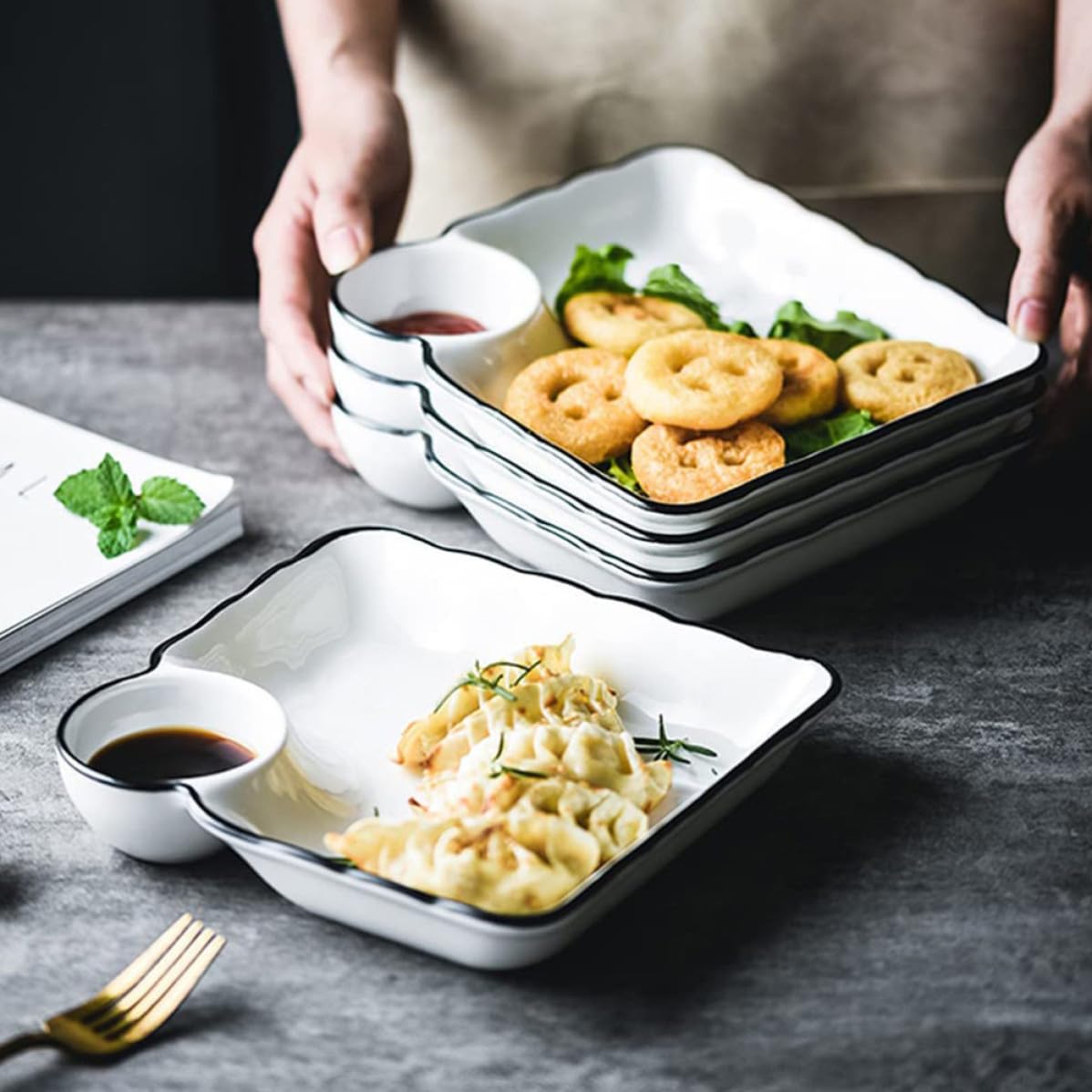 Gadpiparty Lot Vaisselle 2 Pièces Assiettes en Céramique Blanc pour Sushis et Plats Asiatiques avec Bol à Sauce