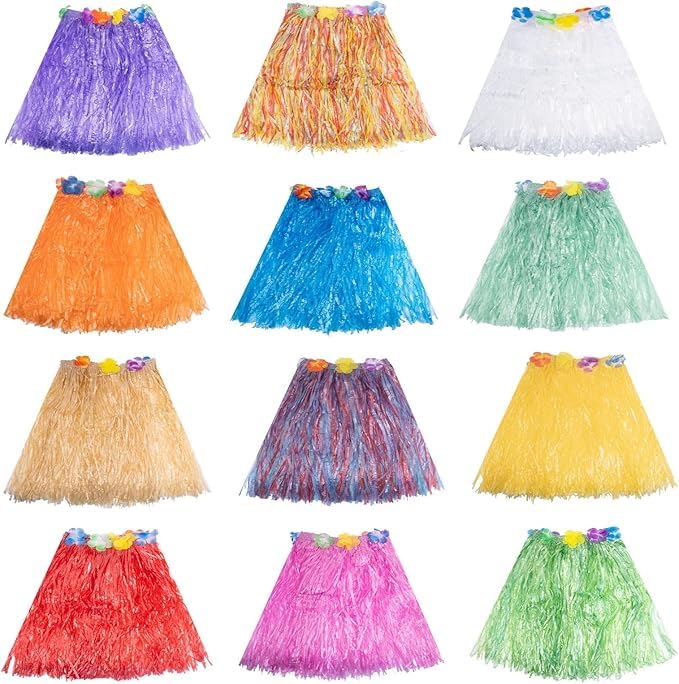 LYCN 12-Piece Hawaiian Luau Hula Skirts, Plastic Elastic Dancer Skirts, Short