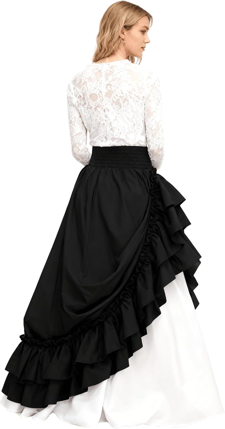 INOGIH Womens Casual-Elastic-Ruffled Renaissance-Skirt Victorian-Layered-Medieval Layered Maxi Skirts